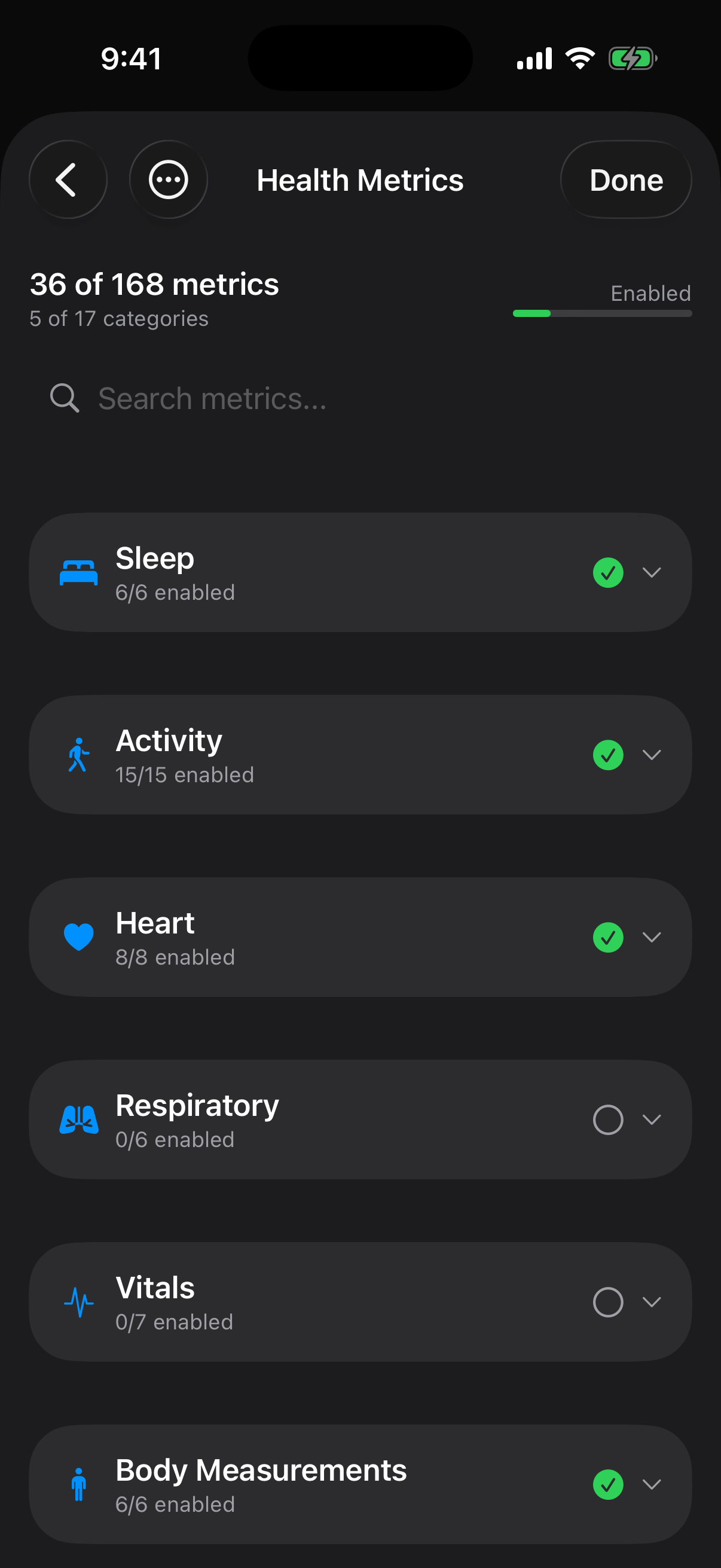 Health metrics picker