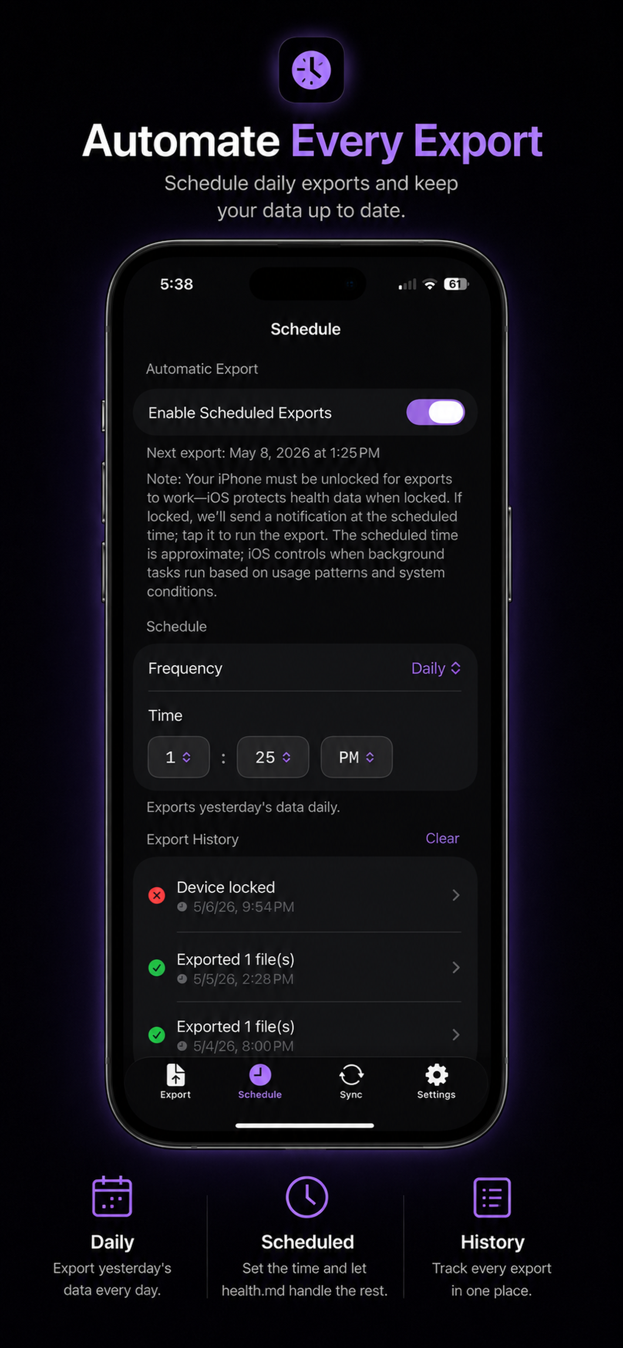 Health.md iPhone schedule settings