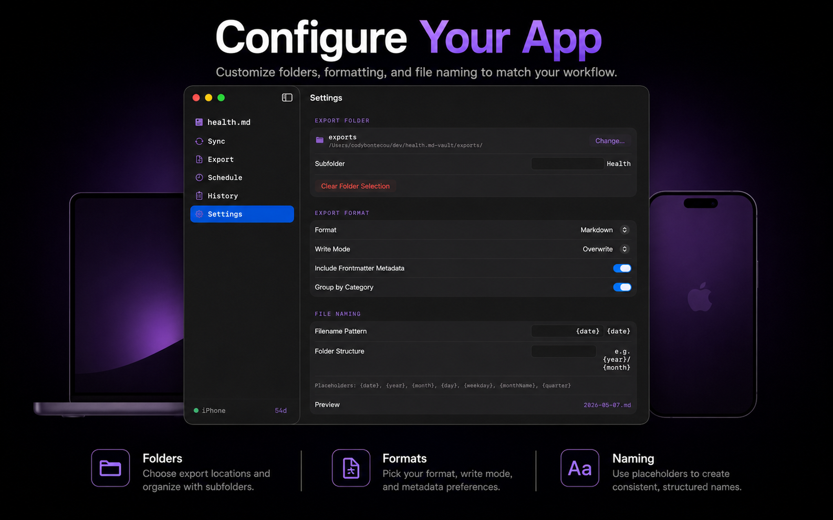 health.md macOS settings screen